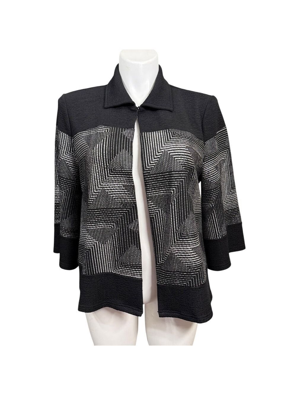 Chico’s Travelers Collection Black Silver Geometric Open Front Jacket Large